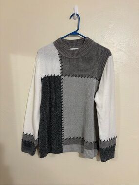 Alfred Dunner Gray, Dark Gray & White Patchwork Crewneck Sweater
